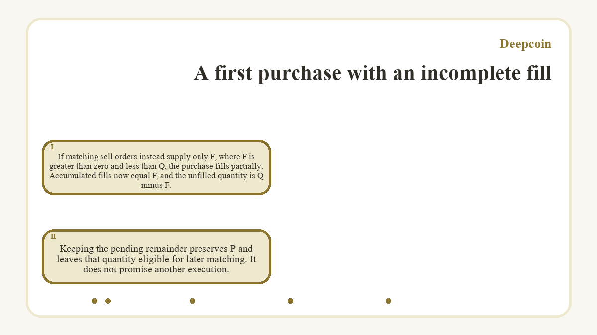A first purchase with an incomplete fill: If matching sell orders instead supply only F, where F is greater than zero and less than Q, the purchase fills partially. Accumulated fills now equal F, and the unfilled quantity is Q minus F.; Keeping the pending remainder preserves P and leaves that quantity eligible for later matching. It does not promise another execution.