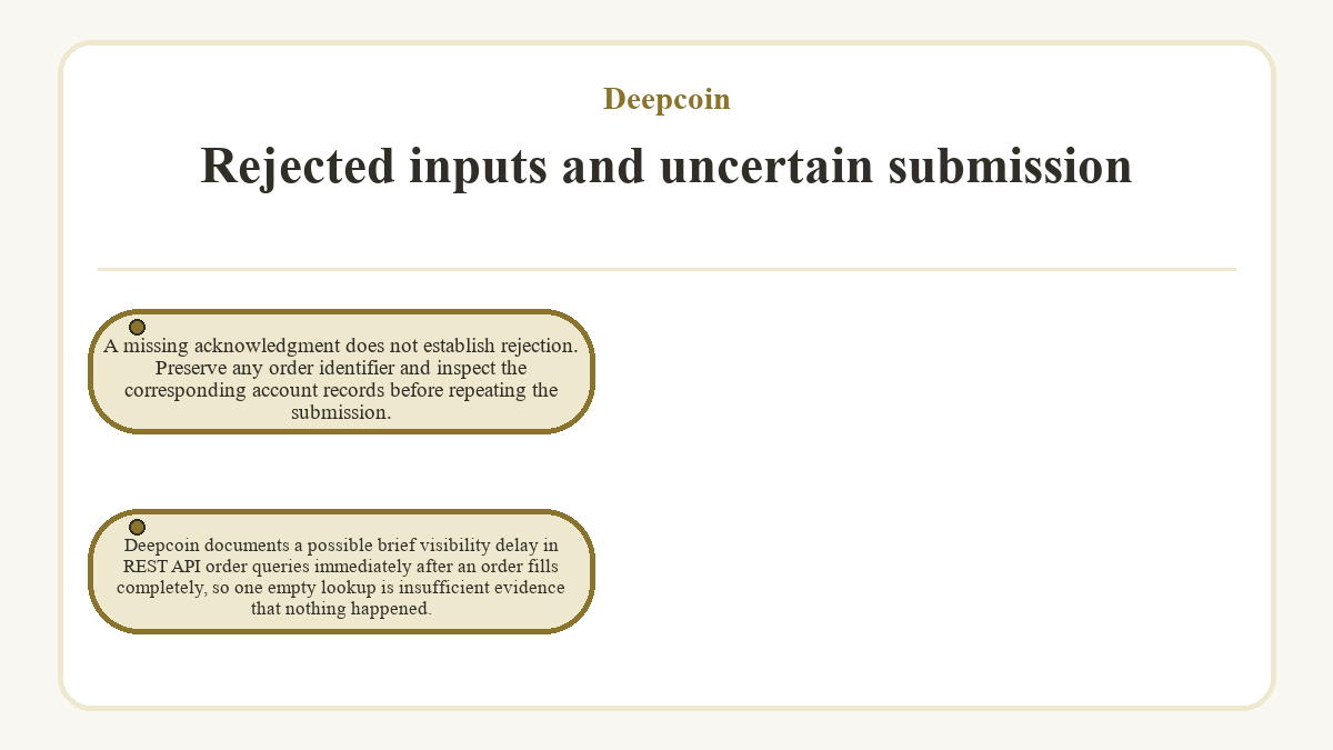 Rejected inputs and uncertain submission: A missing acknowledgment does not establish rejection. Preserve any order identifier and inspect the corresponding account records before repeating the submission.; Deepcoin documents a possible brief visibility delay in REST API order queries immediately after an order fills completely, so one empty lookup is insufficient evidence that nothing happened.